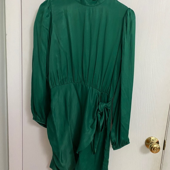 ZARA - Satin Green Long Sleeve High Neck Wrap Dress - Picture 1 of 5